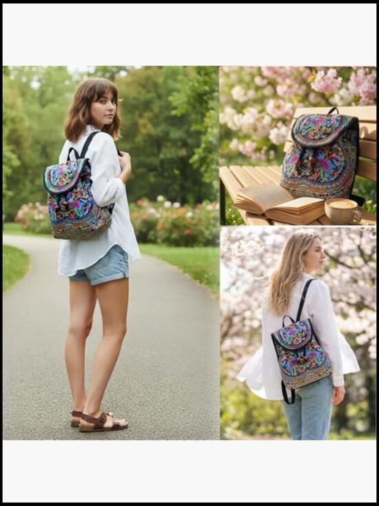 Floral Embroidery Canvas Drawstring Backpack Vintage Daypack Travel Shoulder Bag main image 5